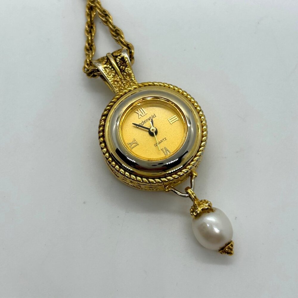 Gold Tone Pendant Watch Necklace With Faux Pearl Drop Floral Roman Working READ